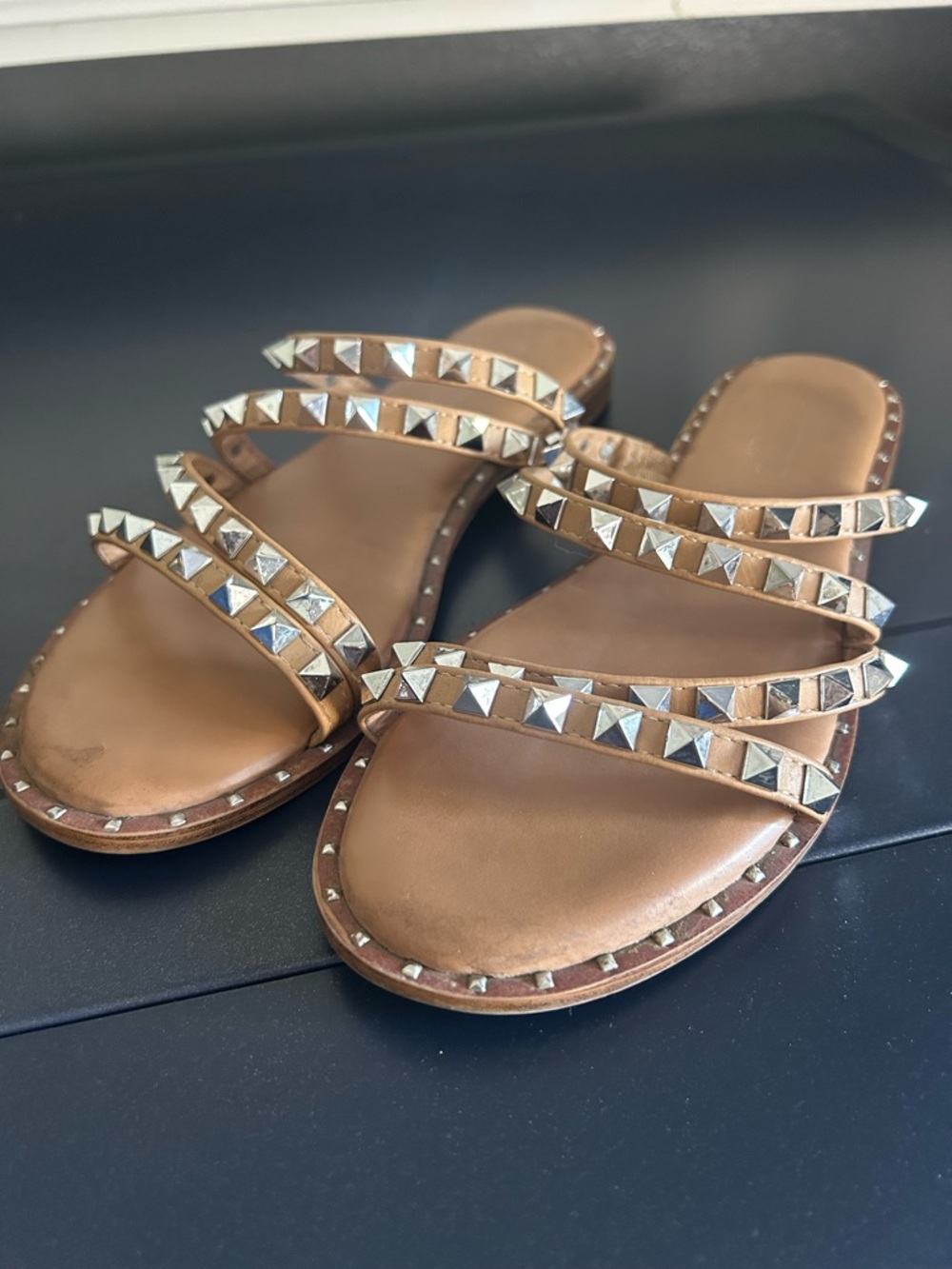 Studded Triple-Strap Tan Leather Slide Sandals - Picture 5 of 5
